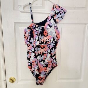 Time and Tru Womens Floral Ruffle One Shoulder One Piece Swimsuit Multicolor L